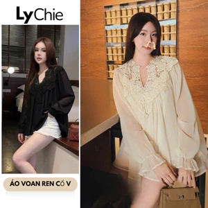 Set Áo Voan Ren Thêu Cổ V Phối Áo Hai Dây Trắng Kem Tiểu Thư - Lychie