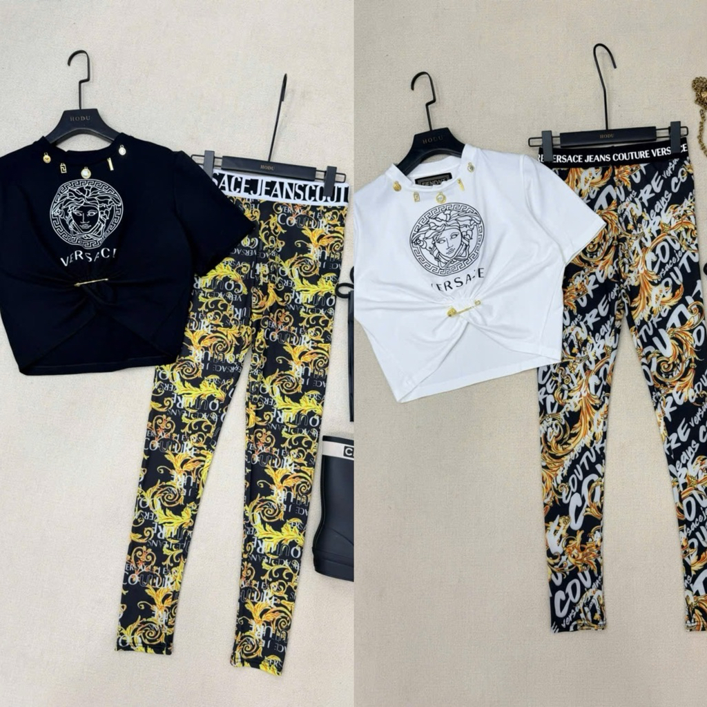 set áo thun croptop Versace và quần leggings cao cấp