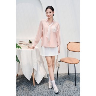 Áo sơ mi nữ basic dáng suông freesize phối túi ốp ren ( KHÔNG KÈM KHĂN ) VIEN TRAN V61H25Q024