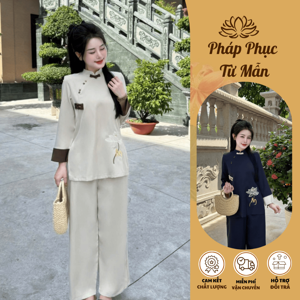 Bộ đi chùa cổ tàu dài tay thêu hoa sen chữ AN vải đũi thái Pháp phục lễ chùa đũi mềm mịn thanh lịch