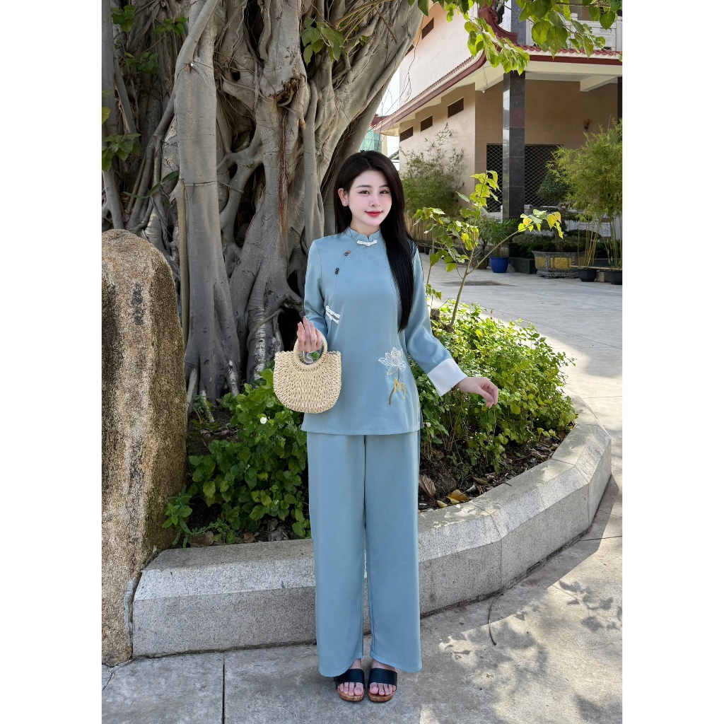 Bộ đi chùa cổ tàu dài tay thêu hoa sen chữ AN vải đũi thái Pháp phục lễ chùa đũi mềm mịn thanh lịch
