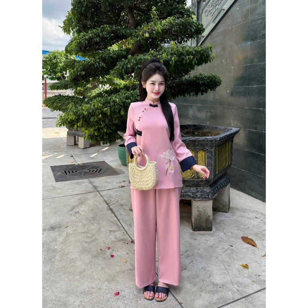 Bộ đi chùa cổ tàu dài tay thêu hoa sen chữ AN vải đũi thái Pháp phục lễ chùa đũi mềm mịn thanh lịch