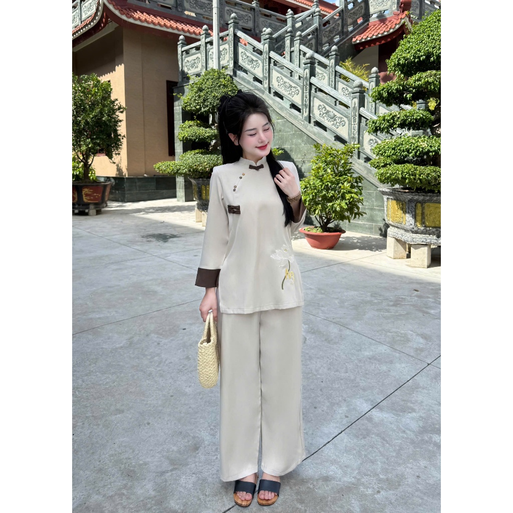 Bộ đi chùa cổ tàu dài tay thêu hoa sen chữ AN vải đũi thái Pháp phục lễ chùa đũi mềm mịn thanh lịch