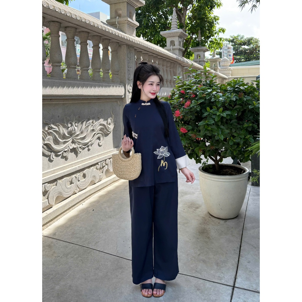 Bộ đi chùa cổ tàu dài tay thêu hoa sen chữ AN vải đũi thái Pháp phục lễ chùa đũi mềm mịn thanh lịch