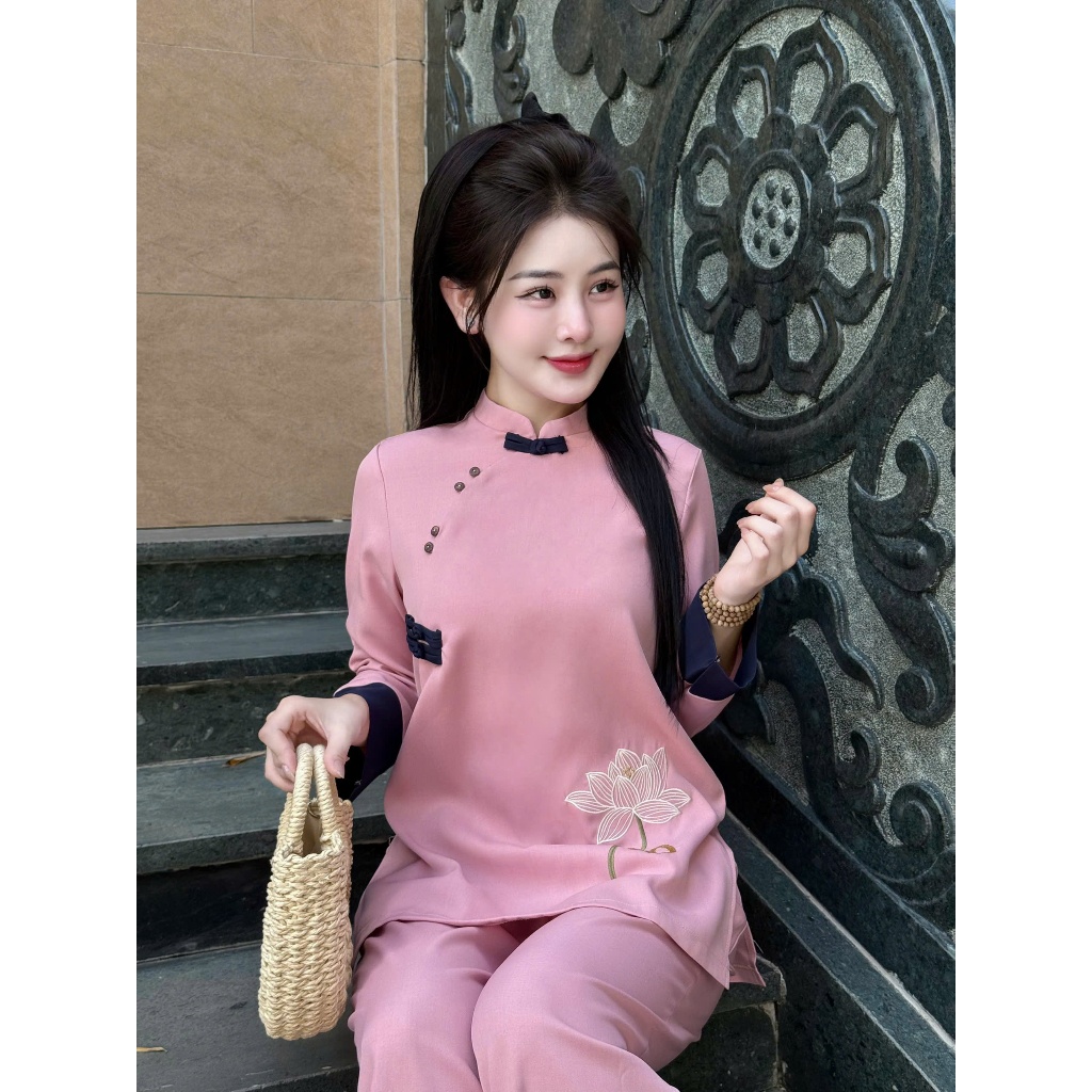 Bộ đi chùa cổ tàu dài tay thêu hoa sen chữ AN vải đũi thái Pháp phục lễ chùa đũi mềm mịn thanh lịch