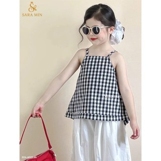 [B&G] Sét bộ Áo hai dây caro kết hợp quần ống rộng trắng thanh lịch,vừa dễ thương vừa sành điệu