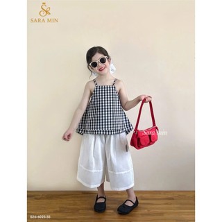 [B&G] Sét bộ Áo hai dây caro kết hợp quần ống rộng trắng thanh lịch,vừa dễ thương vừa sành điệu