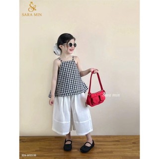 [B&G] Sét bộ Áo hai dây caro kết hợp quần ống rộng trắng thanh lịch,vừa dễ thương vừa sành điệu
