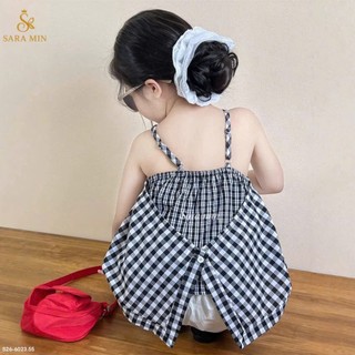 [B&G] Sét bộ Áo hai dây caro kết hợp quần ống rộng trắng thanh lịch,vừa dễ thương vừa sành điệu