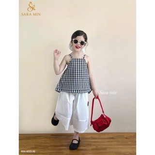 [B&G] Sét bộ Áo hai dây caro kết hợp quần ống rộng trắng thanh lịch,vừa dễ thương vừa sành điệu