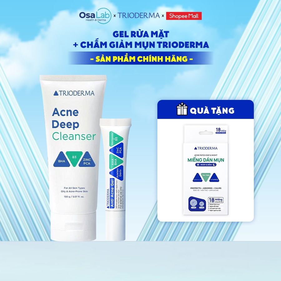 Combo Gel mụn Trioderma Anti Acne Gel 15g & Gel rửa mặt Acne Deep Cleanser 150g chính hãng