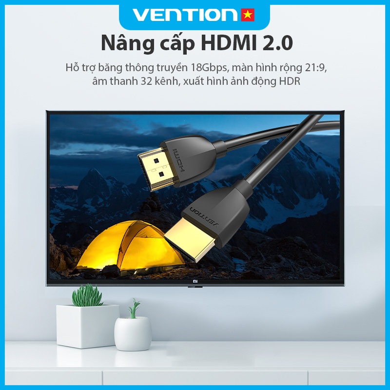 Cáp HDMI 2.0 Vention 4K 60Hz  Siêu Mỏng Cho PC Xbox Màn Hình Chơi Game Đầu Mạ Vàng, Vỏ PVC Bền Chắ
