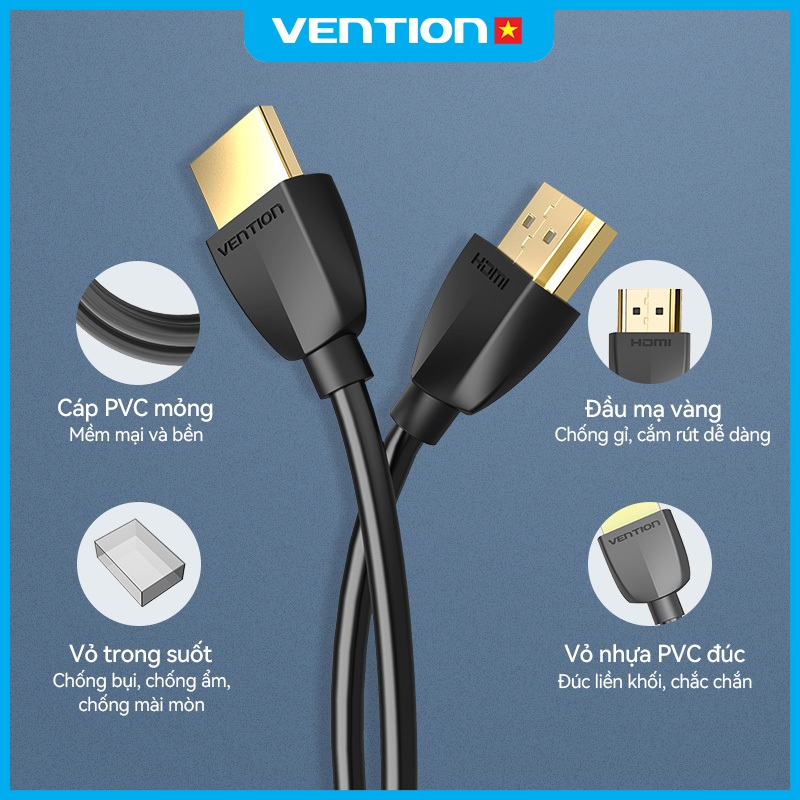 Cáp HDMI 2.0 Vention 4K 60Hz  Siêu Mỏng Cho PC Xbox Màn Hình Chơi Game Đầu Mạ Vàng, Vỏ PVC Bền Chắ
