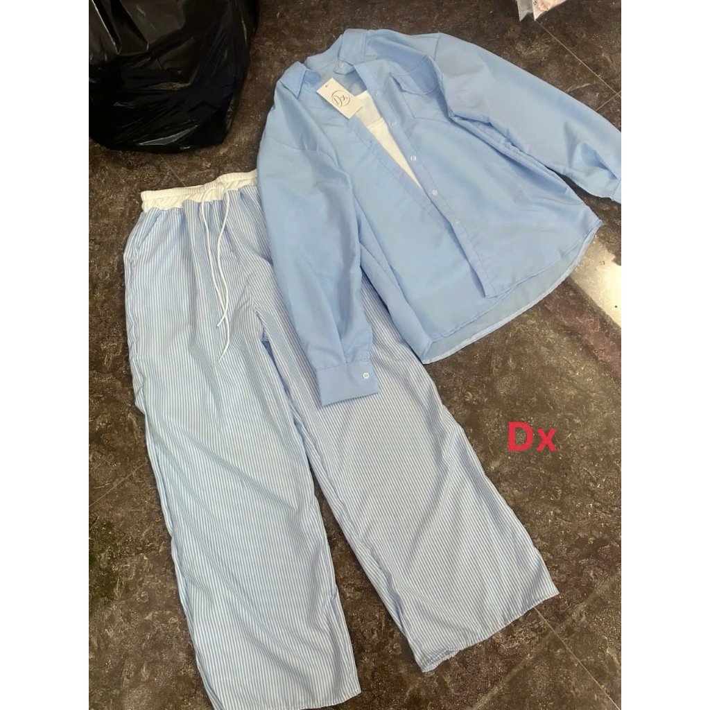 Set bộ nữ áo sơ mi kèm lót quần xốp sọc form rộng thoáng mát mặc đi biển cực xinh