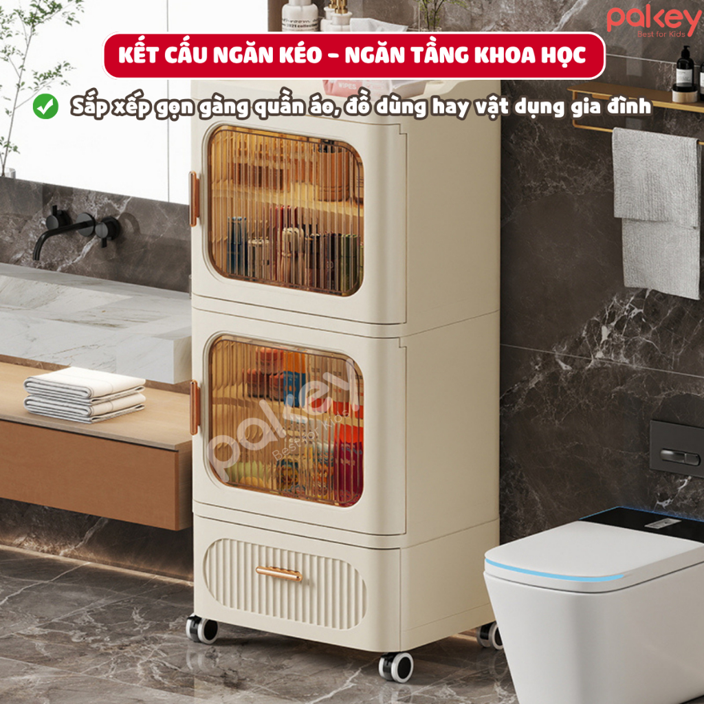 Tủ Nhựa Đựng Đồ Dùng Khô Đa Năng Kính Trong, Tủ Nhựa Gấp Gọn Lắp Đặt Dễ Dàng Có Bánh Xe Di Chuyển Tiện Lợi