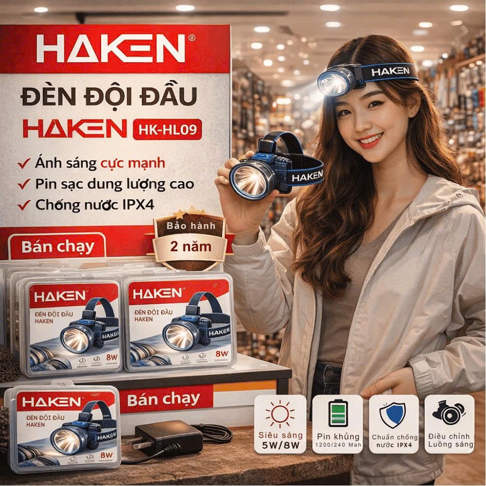 Đèn Đội Đầu Siêu Sáng HAKEN HK-HL09 5W/8W – Pin Trâu, Sạc USB, Chống Nước, Đeo Đầu Tiện Lợi