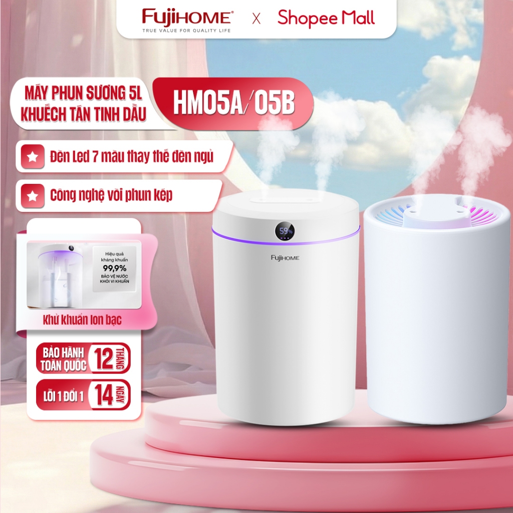 Máy Phun Sương Tạo Ẩm FUJIHOME HM05B 5L – Vòi Phun Kép, Đèn LED 7 Màu
