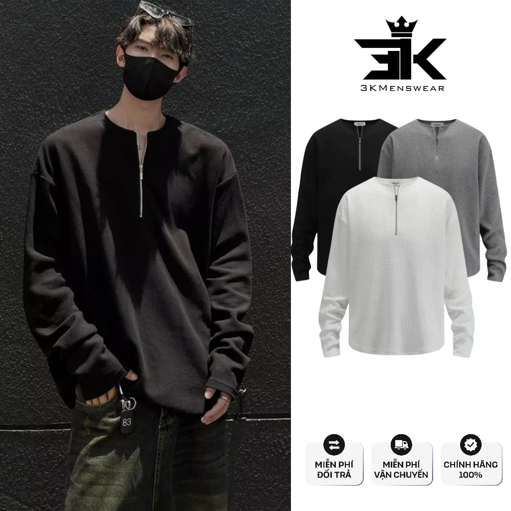 Áo Thun Nam Dài Tay 3KMENSWEAR Khóa Kéo Cổ Cotton Tổ Ong Thoáng Mát Phong Cách Hoodie