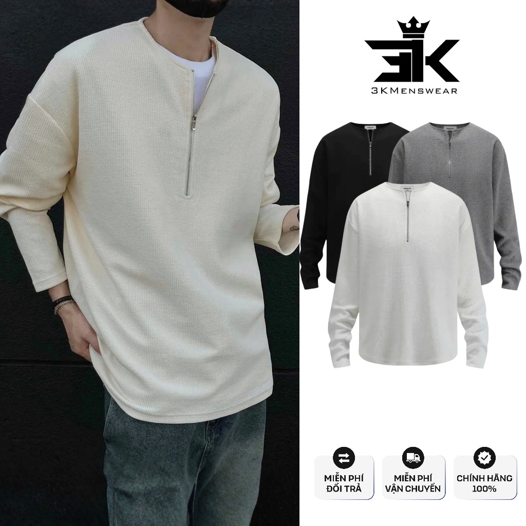 Áo Thun Nam Dài Tay 3KMENSWEAR Khóa Kéo Cổ Cotton Tổ Ong Thoáng Mát Phong Cách Hoodie