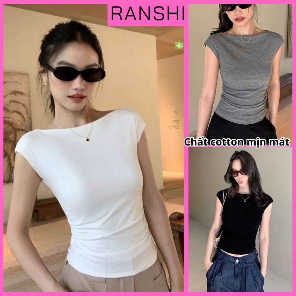[CÓ SIZE] Áo Thun Nữ Tay Hến Cổ Thuyền Nhún Eo Basic RANSHI Ôm Body Tôn Dáng Chất Thun Cotton Mềm Mát - RA358