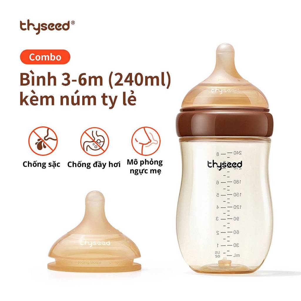 [Combo bình 3-6m + núm lẻ] Bình sữa chống đầy hơi Thyseed sơ sinh PPSU chống sặc núm ti mềm 240ml