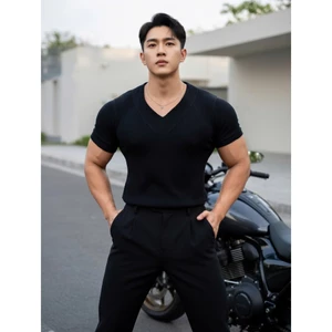 Áo thun ngắn tay nam cổ đánh bông bảng V nổi bật thanh lịch basic cotton gân dày form body tôn dáng