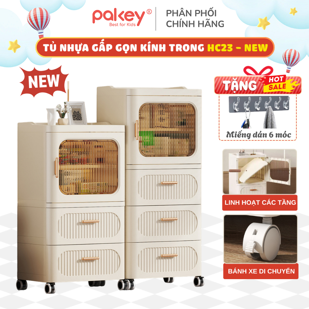 Tủ Nhựa Đựng Đồ Dùng Khô Đa Năng Kính Trong, Tủ Nhựa Gấp Gọn Lắp Đặt Dễ Dàng Có Bánh Xe Di Chuyển Tiện Lợi