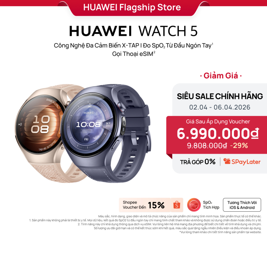 Đồng Hồ Thông Minh HUAWEI WATCH 5 | Công Nghệ Đa Cảm Biến X-TAP | Đo SpO2 Từ Đầu Ngón Tay | Gọi Thoại eSIM