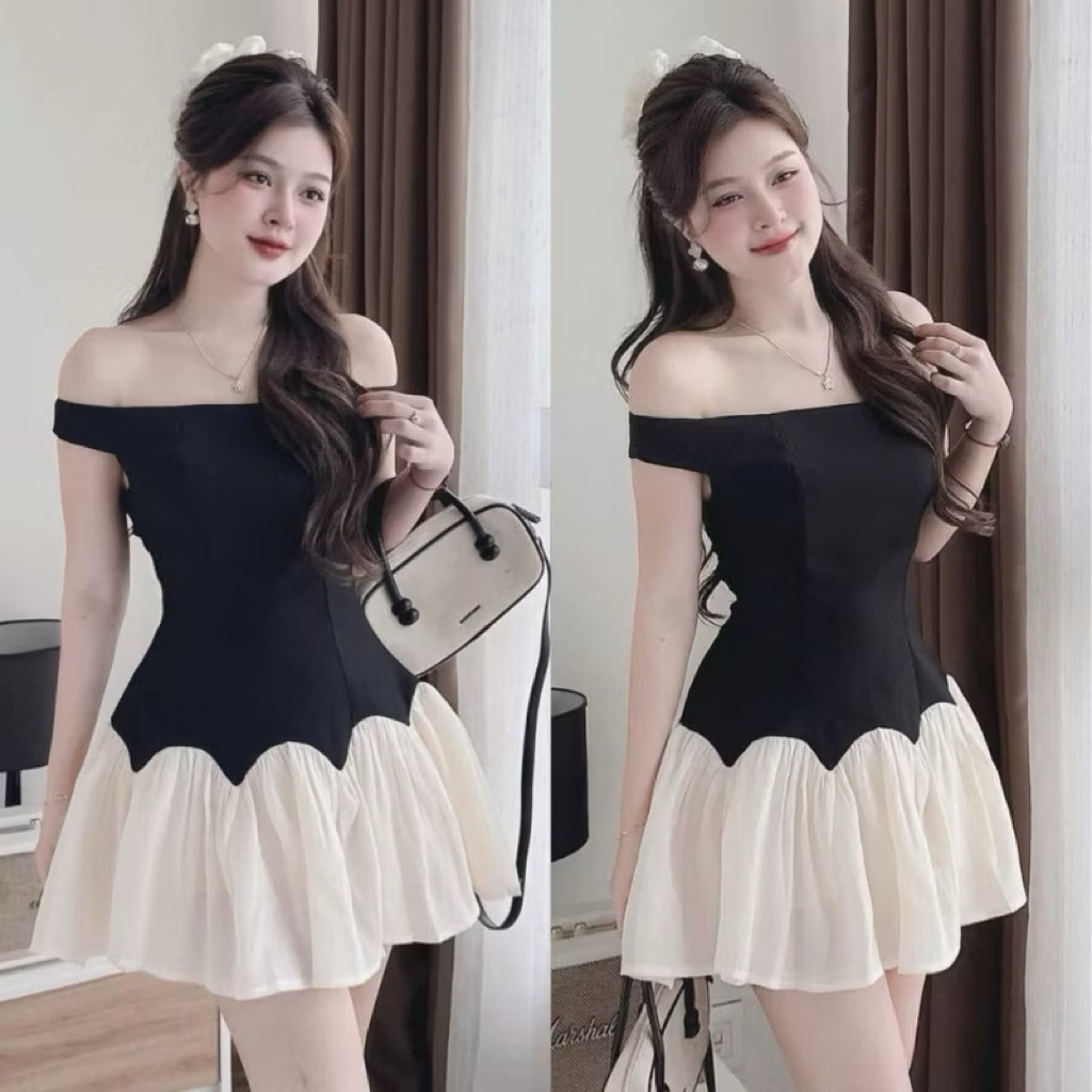 Đầm nữ trễ vai phối 2 màu đen trắng dáng xòe – Váy tiểu thư ôm eo tôn dáng, chân váy bồng xinh xắn