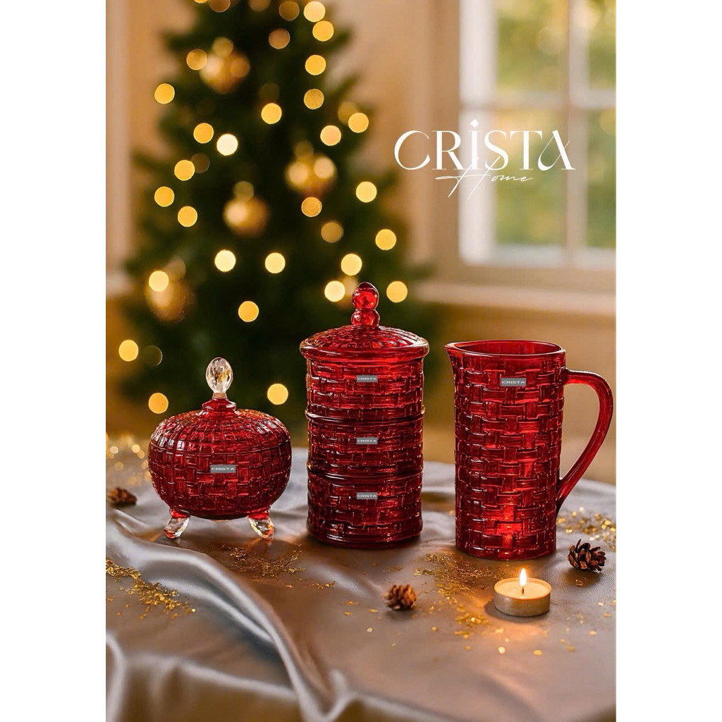 Bộ Cốc Bình Hũ Thủy Tinh Đỏ Ruby Crista Home Cao Cấp 280ml 350ml Bình 1L Lọ Hoa Hũ Mứt 3 Chân – Cốc Cao Cấp, Qùa tặng
