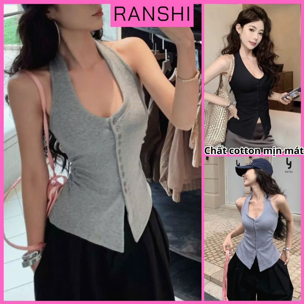 [CÓ SIZE] Áo Ba Lỗ Cổ Yếm Phối Nút Cài Dáng Dài RANSHI Nhún Eo Ôm Body Chất Thun Cotton Mềm Mát - RA359