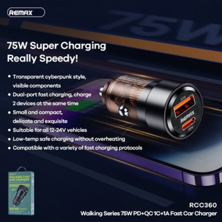 Tẩu sạc dành cho ô tô Remax RCC360 công suất 75W 1 cổng usb & 1 typec - vỏ trong suốt cyberpunk