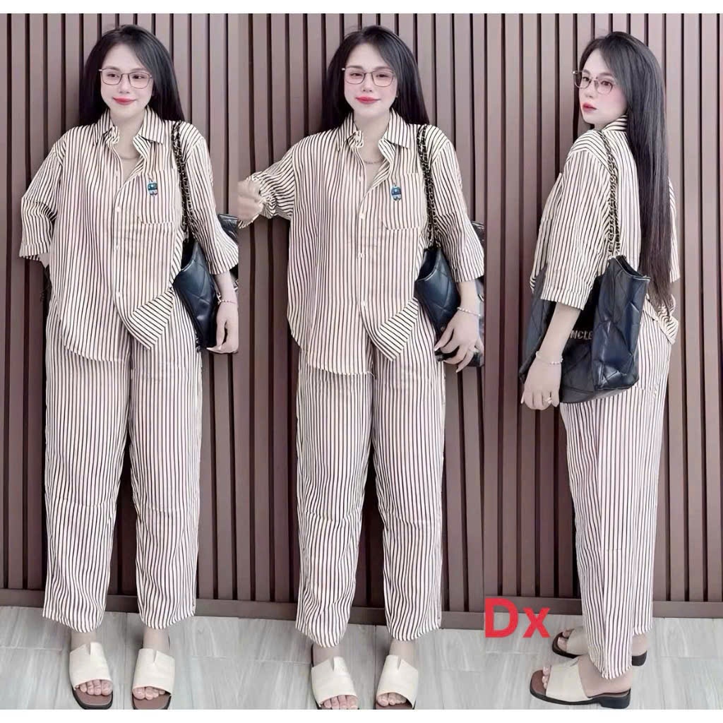 Set bộ nữ xốp sọc thêu gấu form rộng mặc mát đồ bộ nữ cao cấp hot trend 2026