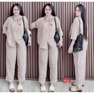 Set bộ nữ xốp sọc thêu gấu form rộng mặc mát đồ bộ nữ cao cấp hot trend 2026