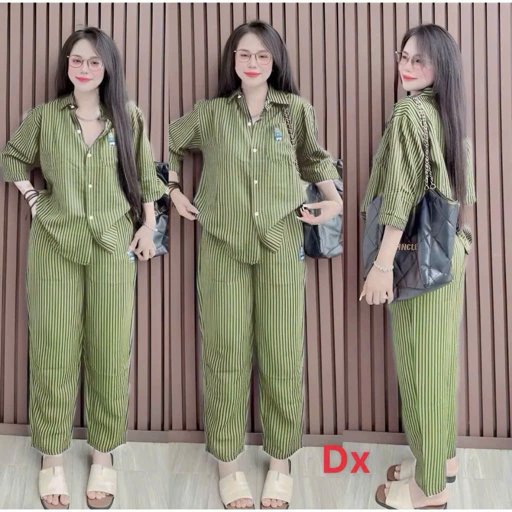 Set bộ nữ xốp sọc thêu gấu form rộng mặc mát đồ bộ nữ cao cấp hot trend 2026