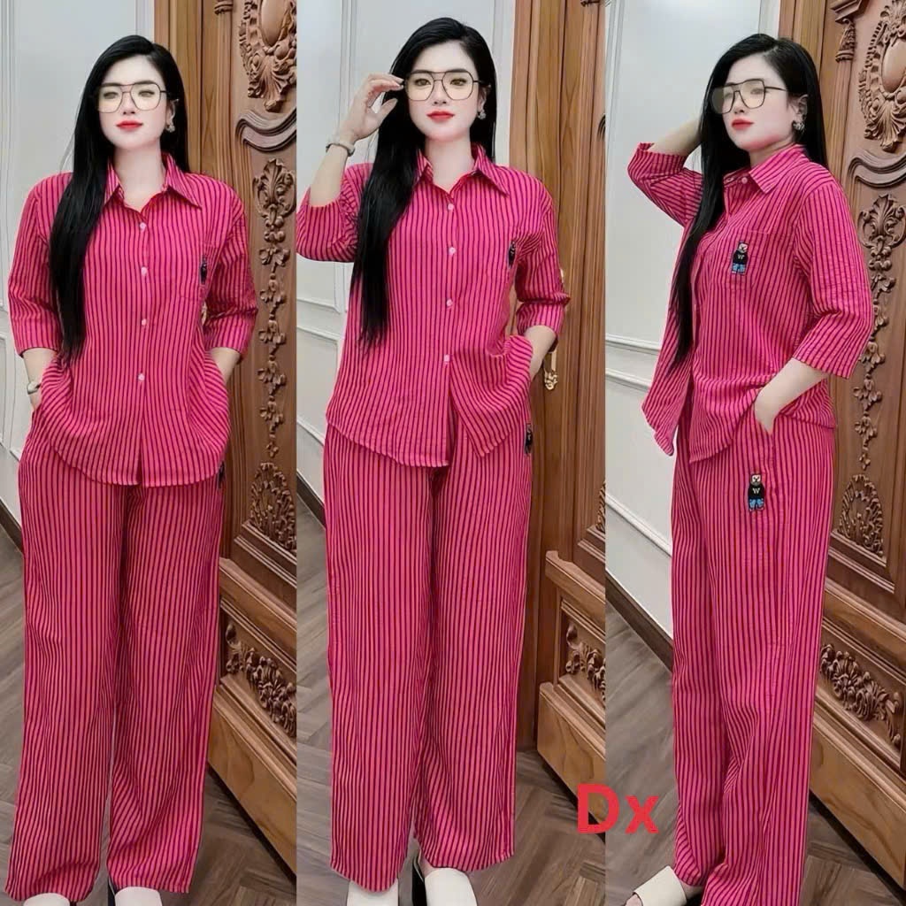 Set bộ nữ xốp sọc thêu gấu form rộng mặc mát đồ bộ nữ cao cấp hot trend 2026