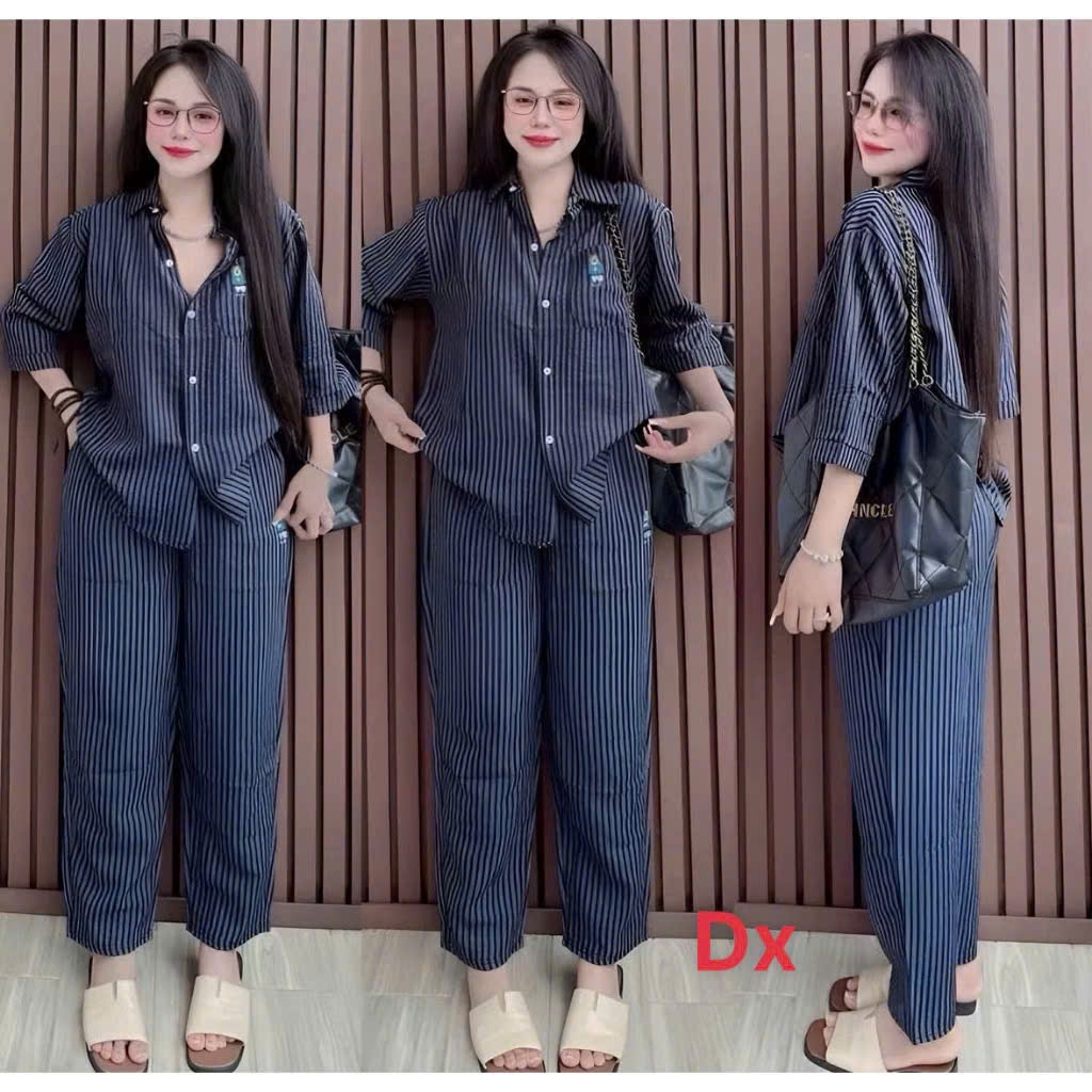 Set bộ nữ xốp sọc thêu gấu form rộng mặc mát đồ bộ nữ cao cấp hot trend 2026