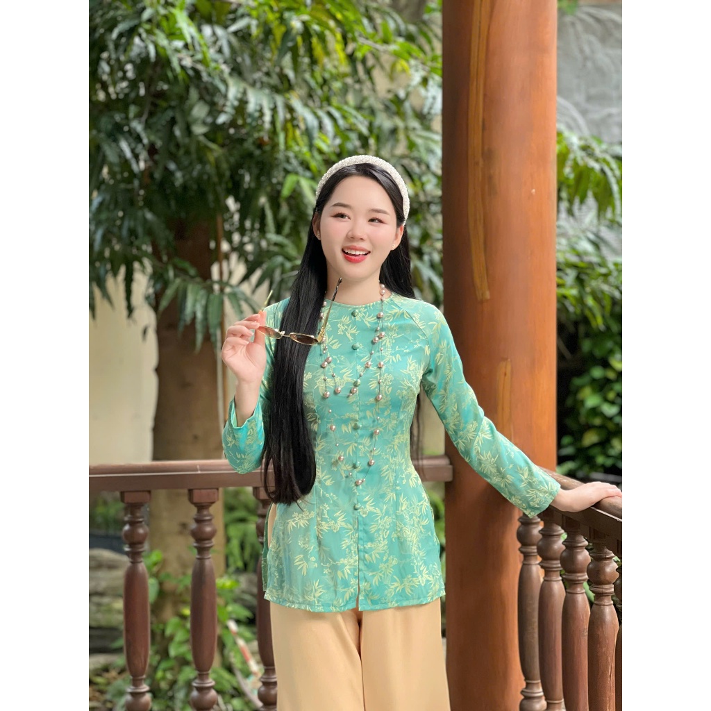 Hân Nguyễn Áo Bà Ba - B.A181 - Áo Bà Ba Gấm Lá Trúc Cổ Tròn Nút Bọc Nụ Dây Kéo (QUẦN NGỌC TRAI)