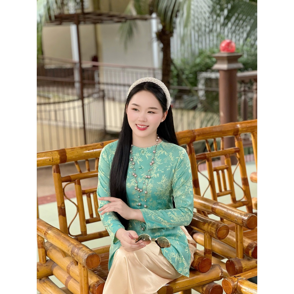 Hân Nguyễn Áo Bà Ba - B.A181 - Áo Bà Ba Gấm Lá Trúc Cổ Tròn Nút Bọc Nụ Dây Kéo (QUẦN NGỌC TRAI)
