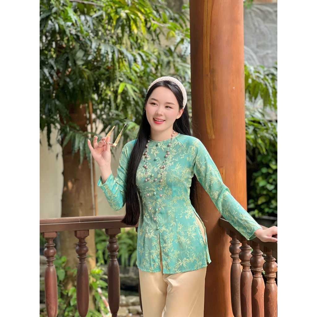 Hân Nguyễn Áo Bà Ba - B.A181 - Áo Bà Ba Gấm Lá Trúc Cổ Tròn Nút Bọc Nụ Dây Kéo (QUẦN NGỌC TRAI)