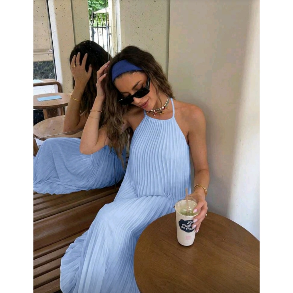 Đầm dài xếp ly cổ yếm cột dây hở lưng có nhiều màu (Order 8 ngày)