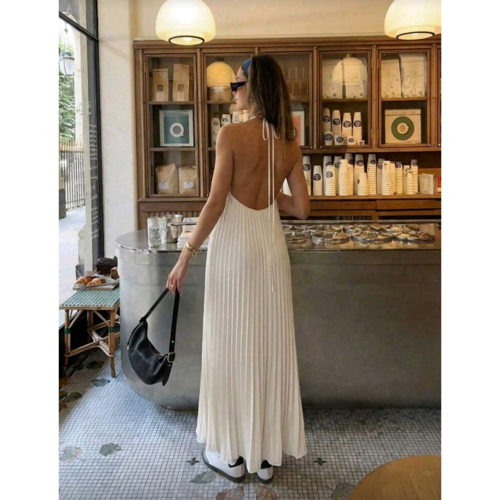 Đầm dài xếp ly cổ yếm cột dây hở lưng có nhiều màu (Order 8 ngày)