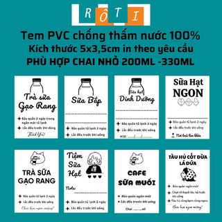 ROTI | 100 Tem trà sữa gạo rang, sữa bắp, chống thấm nước 100%, phù hợp ly chai nhỏ 200ml - 330ml, tem 5x3,5cm