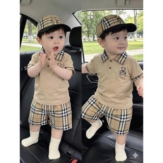 Tặng Mũ -Set 3 Món Áo + Quần + Mũ Sang Chảnh Cho Bé Trai,Set Polo Bé Trai Cổ Caro Cao Cấp 8-14kg A26
