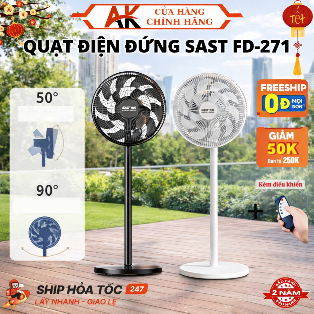 Quạt Điện Đứng SAST FD-271 Kèm Điều Khiển Từ Xa , Độ Ồn Thấp, Công Suất 60W, Lưu Lượng Gió Lớn