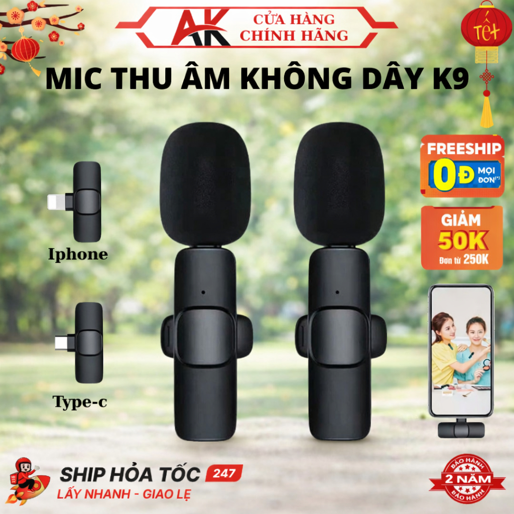 Mic Thu Âm Cài Áo K9, Độ Trễ Thấp, Khử Tiếng Ồn, Kết Nối Ổn Định, Pin 5 Giờ, Cả IP và Android