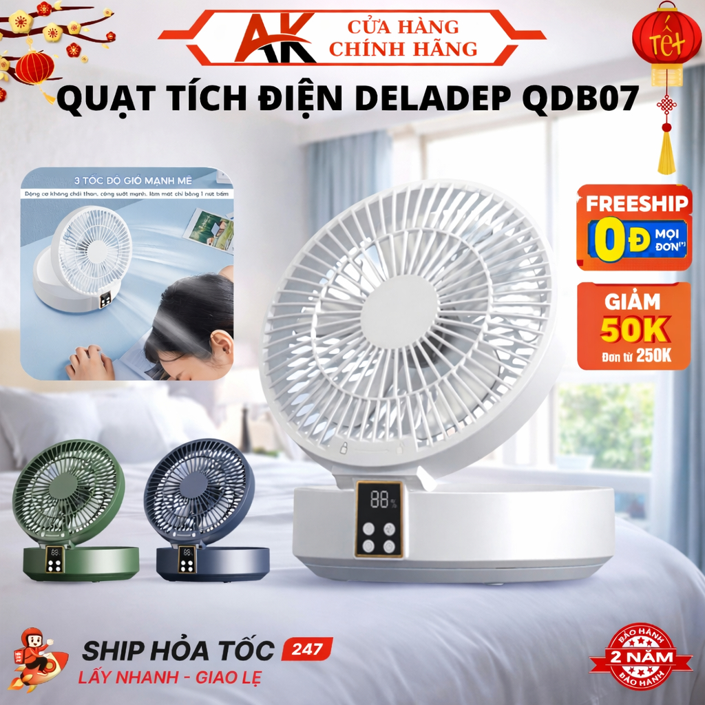 Quạt Tích Điện QDB07 DELADEP Thông Minh, Điều Khiển Từ Xa 3 Tốc Độ Gió Xoay 120°, Bảo Hành 2 Năm