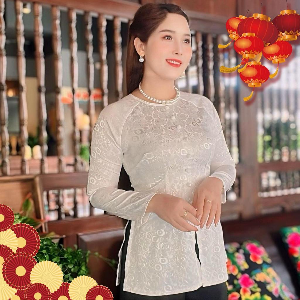 Hân Nguyễn Áo Bà Ba - B.A104 - Áo Bà Ba Gấm Đồng Tiền Nút Bọc Cổ Tròn Dây Kéo Tay Dài