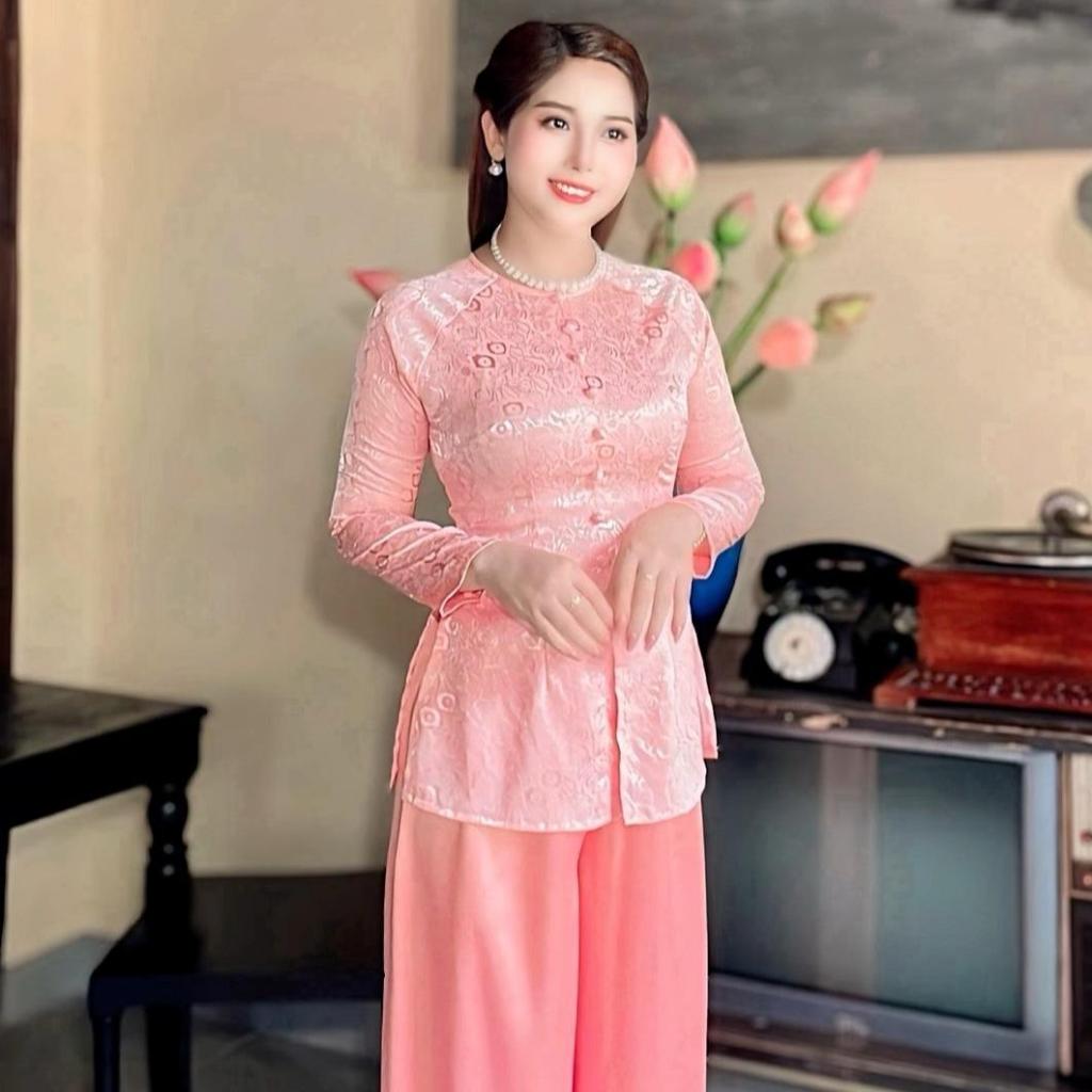 Hân Nguyễn Áo Bà Ba - B.A104 - Áo Bà Ba Gấm Đồng Tiền Nút Bọc Cổ Tròn Dây Kéo Tay Dài
