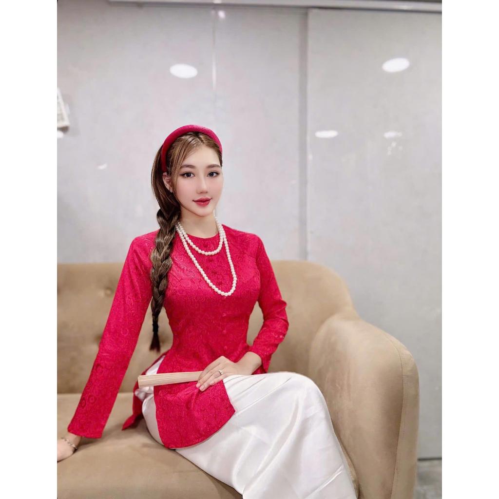 Hân Nguyễn Áo Bà Ba - B.A104 - Áo Bà Ba Gấm Đồng Tiền Nút Bọc Cổ Tròn Dây Kéo Tay Dài